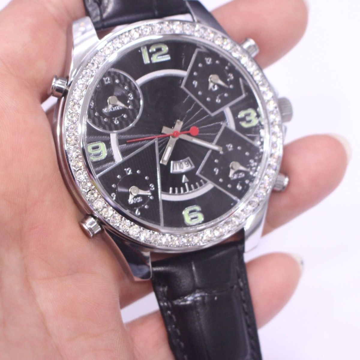 Rhinestone Starburst Watch Big Face Unisex Leather | Caratix