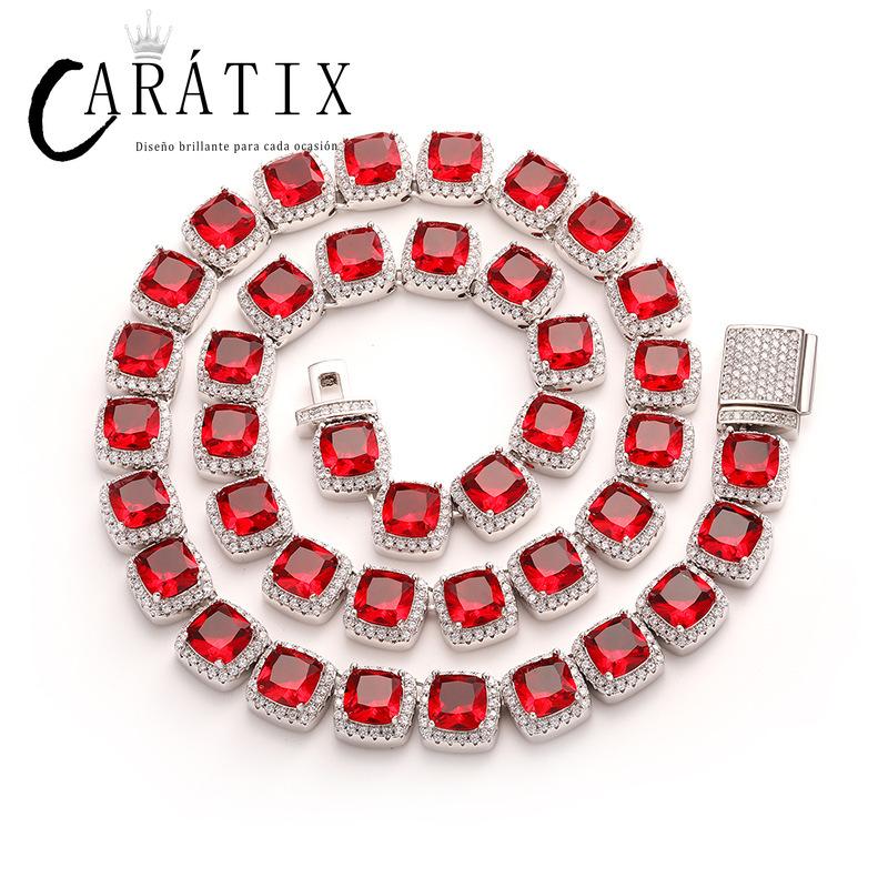 CARÁTIX Blue & Red CZ Tennis Chain | 10mm Iced Out Square Hip Hop Necklace for Men & Women