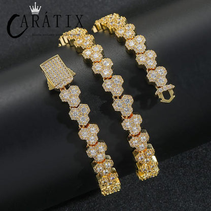 CARÁTIX - Hip Hop 5A+ Cubic Zirconia Paved Bling Iced Out Hive Shape Triangle Link Chain Necklace for Men Rapper Jewelry Golden Silver Color Valentine's Day Gift for Men & Girls & Boys Mothers' Day Gift #Springtok