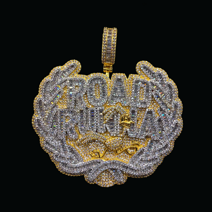 Road Runna Two Tone Badge Iced Out Letter Diamond Pendant Necklace – Custom Hip Hop Jewelry for Men