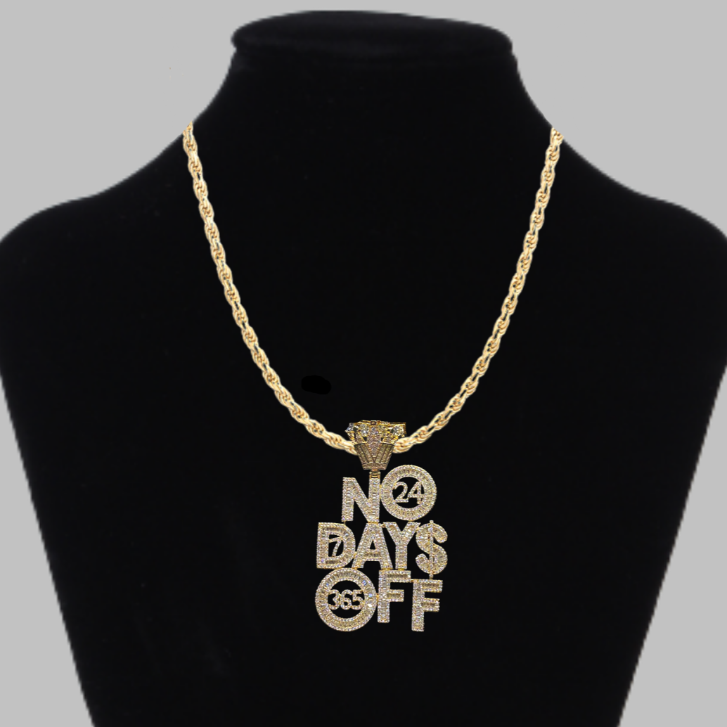 No Days OFF Crown Bail Iced Out Letter Diamond Pendant Necklace – Custom Hip Hop Jewelry for Men