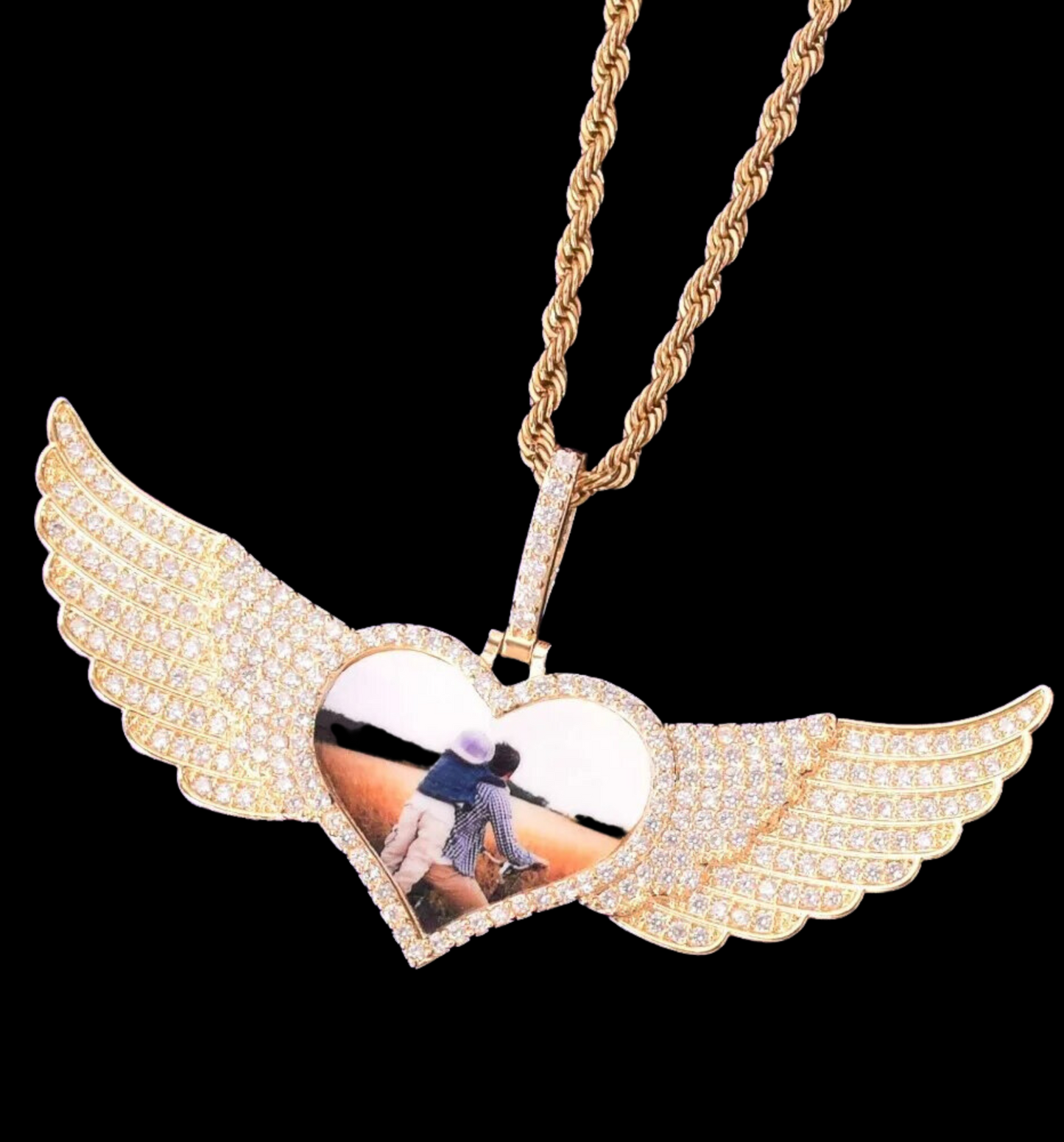 Long Wings Heart Custom Photo Pendant Necklace – Personalized Iced Out Picture Jewelry for Men and Women