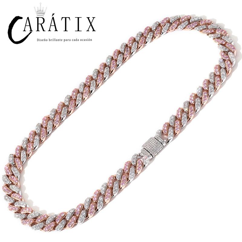 CARÁTIX Pink & White AAA CZ Cuban Link Chain Necklace – Iced Out Round Hip Hop Bling Jewelry for Men & Women | Fashion Choker Gift