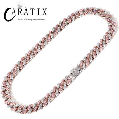 CARÁTIX Pink & White AAA CZ Cuban Link Chain Necklace – Iced Out Round Hip Hop Bling Jewelry for Men & Women | Fashion Choker Gift
