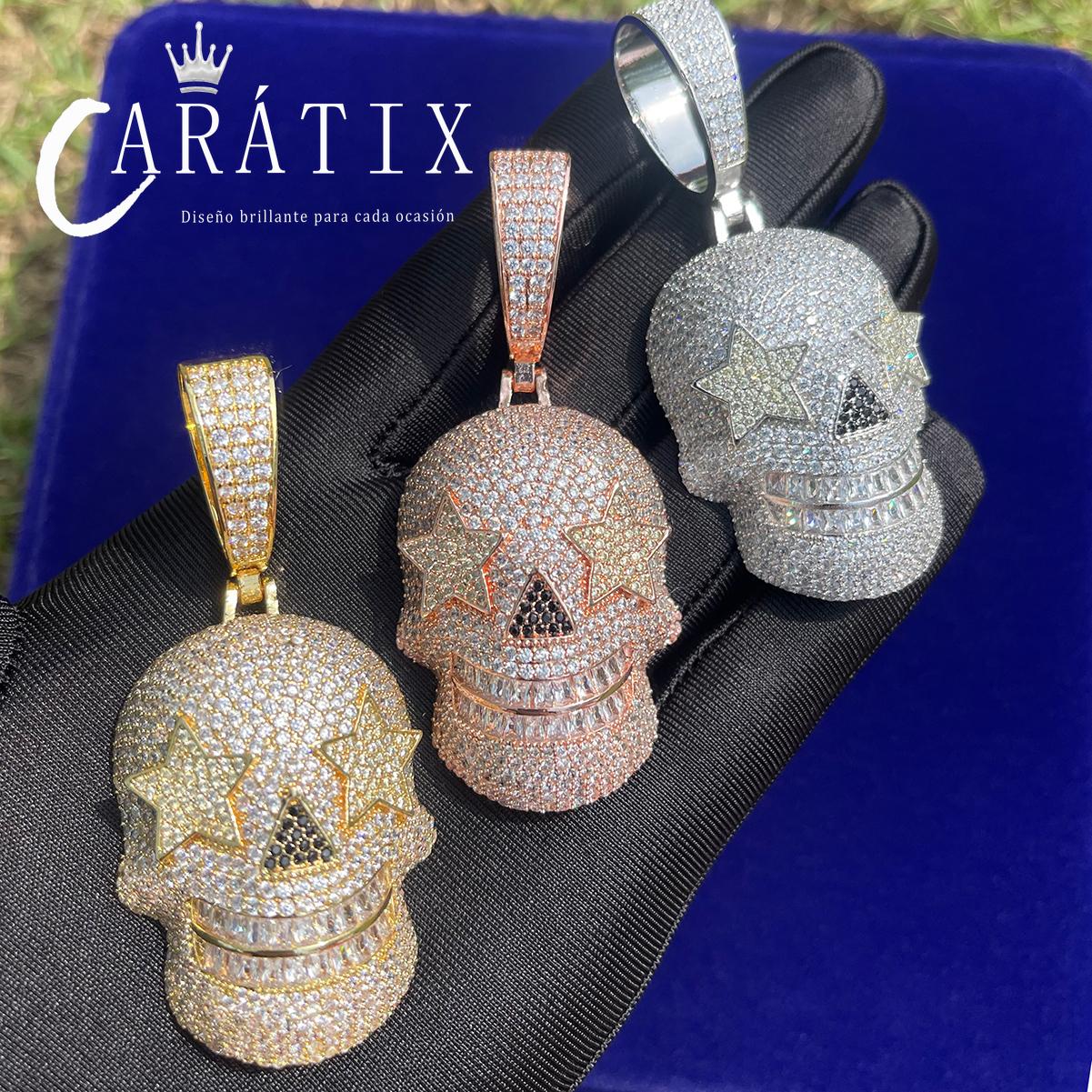 CARÁTIX Bubble Letter Iced Out Skull Pendant Necklace – Copper Hip Hop CZ Jewelry for Men & Women