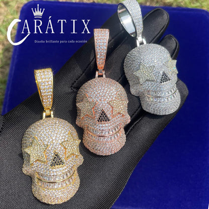 CARÁTIX Bubble Letter Iced Out Skull Pendant Necklace – Copper Hip Hop CZ Jewelry for Men & Women