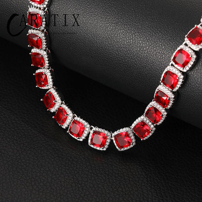 CARÁTIX Blue & Red CZ Tennis Chain | 10mm Iced Out Square Hip Hop Necklace for Men & Women