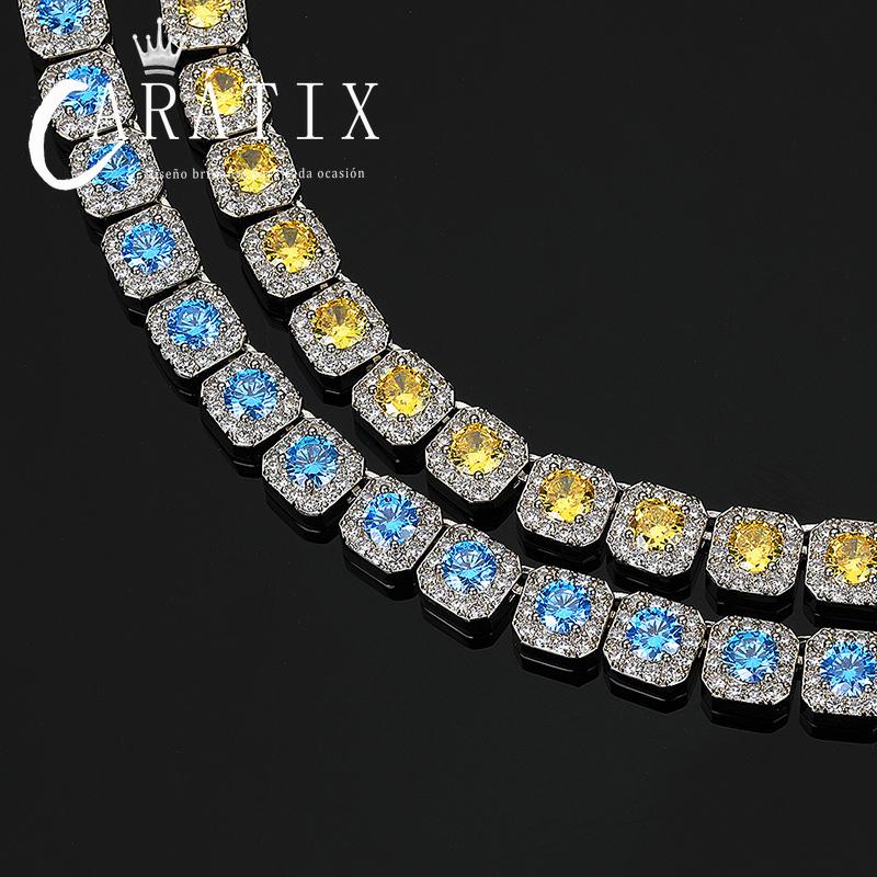 CARÁTIX - Hip Hop 5A+ CZ Stone Bing Iced Out 10mm Tennis Link Chain Chokers Necklaces for Men Women Rapper Jewelry Blue Yellow Stone Valentine's Day Gift for Men & Girls & Boys Mothers' Day Gift #Springtok