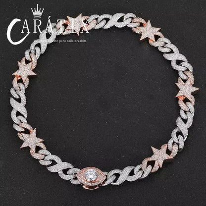 CARÁTIX Two-Tone Pink & Silver Star Cuban Link Chain Necklace – Eye Clasp Iced Out Hip Hop Luxury Choker Jewelry | Party Gift