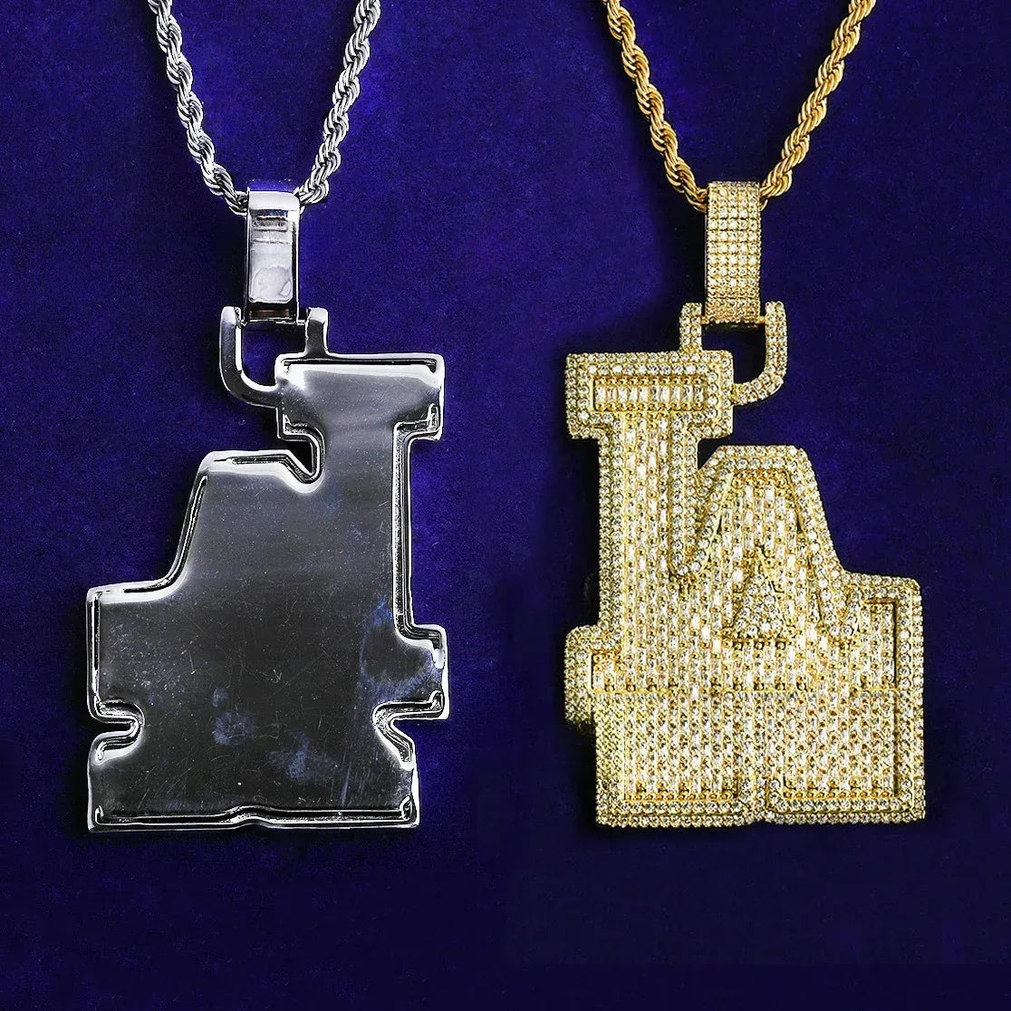 Iced Out Spliced "LA" Letter Pendant | Unisex Real Copper CZ Necklace - CaratixJewelry