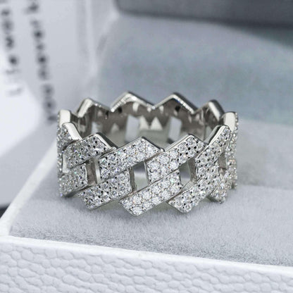 D-Color VVS Moissanite Cuban Link Ring | Unisex -Shape Iced Out Jewelry - CaratixJewelry