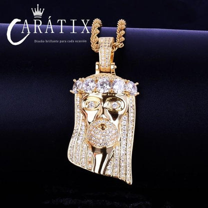 CARÁTIX - Bubble Letter Iced Out Religious Jesus Head Pendant Necklace Golden Color Bling Cubic Zircon Men's Hip Hop Jewelry For Gift Valentine's Day Gift for Men & Girls & Boys Mothers' Day Gift #Springtok