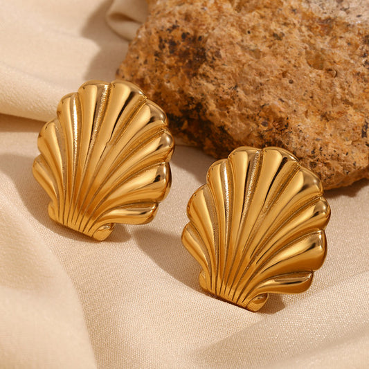 18K Gold Water-Resistant Sea Shell Scallop Stud Earrings – Solid Stainless Steel Boho Jewelry