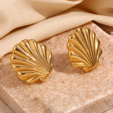18K Gold Water-Resistant Sea Shell Scallop Stud Earrings – Solid Stainless Steel Boho Jewelry