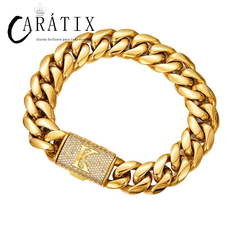 CARÁTIX - Hip Hop Bling Iced Out Letters Button Stainless Steel 14mm Round Cuban Miami Link Chain Necklace for Men Rapper Jewelry Black Valentine's Day Gift for Men & Girls & Boys Mothers' Day Gift #Springtok