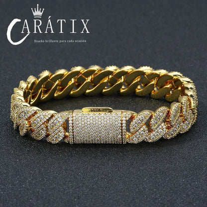 CARÁTIX 14MM Miami Cuban Chain Necklace – Brass Hip Hop Jewelry with Full Pave CZ for Men & Women