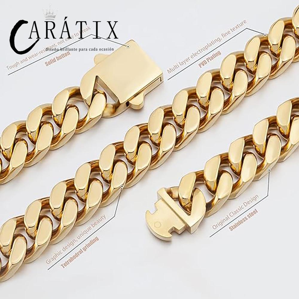CARÁTIX - 8/10/12/14MM Men's Stainless Steel Chain 4-Sided Cut Hip-Hop Cool Style Jewelry Solid Color Golden Miami Cuban Necklace Valentine's Day Gift for Men & Girls & Boys Mothers' Day Gift #Springtok
