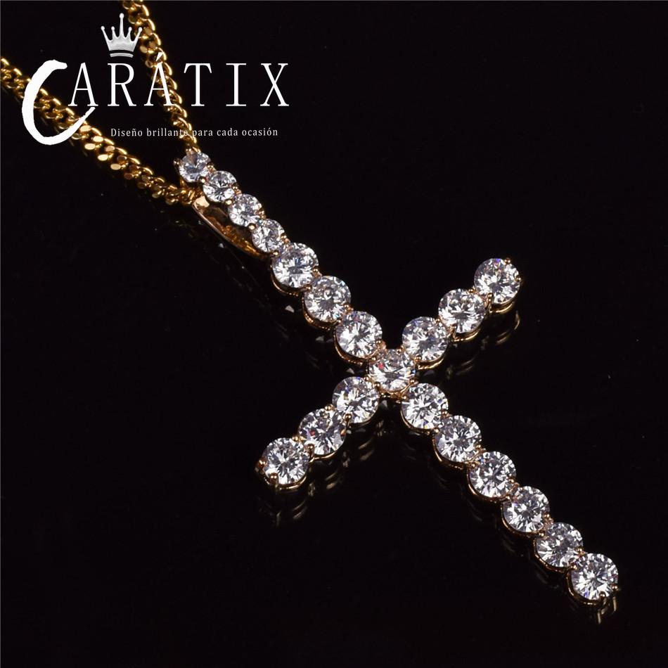 CARÁTIX Bubble Letter Zircon Cross Pendant Necklace – Golden Copper Hip Hop Jewelry for Men & Women