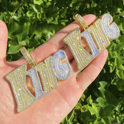 Iced Out "KING" Letter Pendant with Crown | Men's Real Copper CZ Necklace - CaratixJewelry