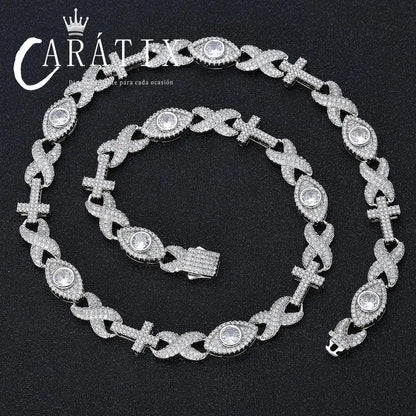 CARÁTIX Luxury Full Pave Zircon Eye & Cross Infinity Link Chain Necklace – Hip Hop Jewelry for Women & Men