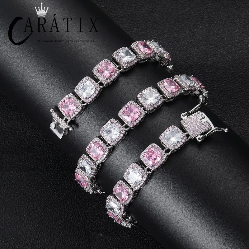 CARÁTIX White & Pink CZ Tennis Chain | Iced Out Square Hip Hop Necklace for Men & Women (16"-22")
