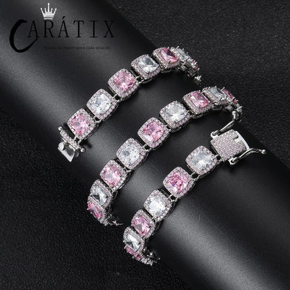 CARÁTIX White & Pink CZ Tennis Chain | Iced Out Square Hip Hop Necklace for Men & Women (16"-22")