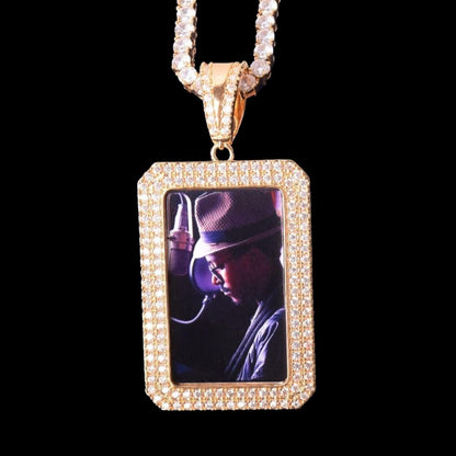 Double Tennis Rectangle Custom Photo Pendant Necklace – Iced Out Hip Hop Picture Jewelry for Men and Women