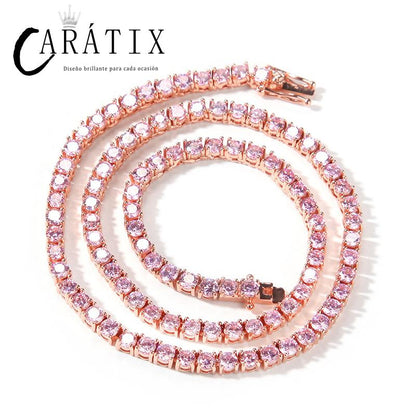 CARÁTIX - 4mm wide Pink/Blue Zircon Tennis Chokers Necklaces for Women Men Bling Iced Out 1 Row CZ Stone Link Chain Hip Hop Rapper Jewelry Valentine's Day Gift for Men & Girls & Boys Mothers' Day Gift #Springtok