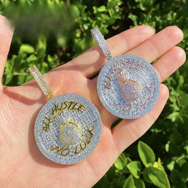 Iced Out "ALL HUSTLE NO LUCK" Medallion | Men's Round Letter Pendant - CaratixJewelry
