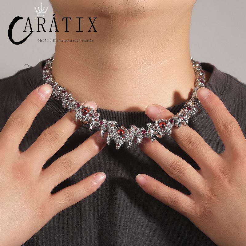 CARÁTIX Red Stone Eyes Thorns Link Chain Necklace – 5A+ CZ Iced Out Hip Hop Bling Jewelry for Men & Women | Rapper Gift