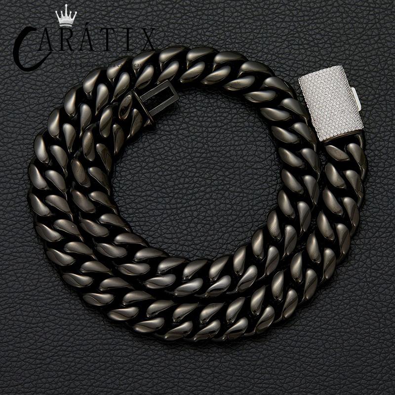 CARÁTIX - Hip Hop Bling Iced Out Stainless Steel 14mm Round Cuban Miami Link Chain Necklace for Men Rapper Jewelry Black Color Valentine's Day Gift for Men & Girls & Boys Mothers' Day Gift #Springtok
