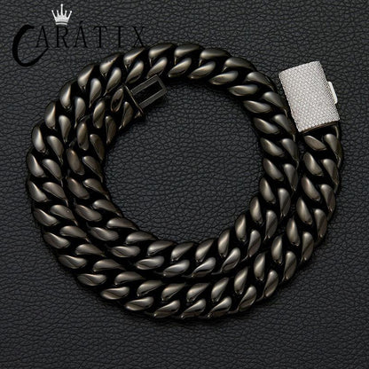 CARÁTIX - Hip Hop Bling Iced Out Stainless Steel 14mm Round Cuban Miami Link Chain Necklace for Men Rapper Jewelry Black Color Valentine's Day Gift for Men & Girls & Boys Mothers' Day Gift #Springtok