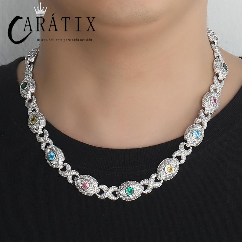 CARÁTIX Hip Hop Round Cuban Chain Necklace – Colorful CZ Iced Out Infinity Link Jewelry for Men & Women