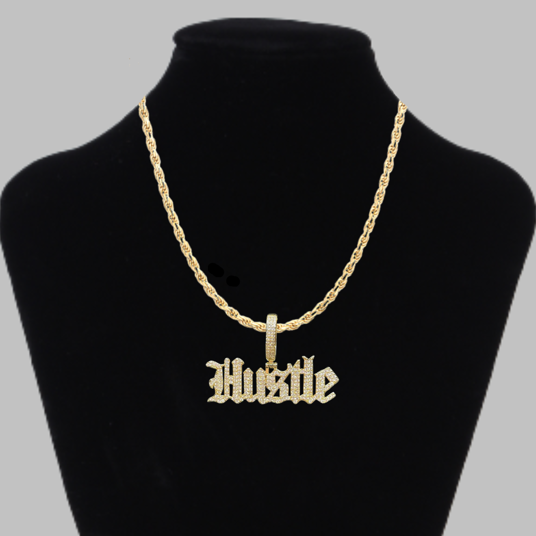 Hustle Iced Out Letter Diamond Pendant Necklace – Custom Hip Hop Jewelry for Men