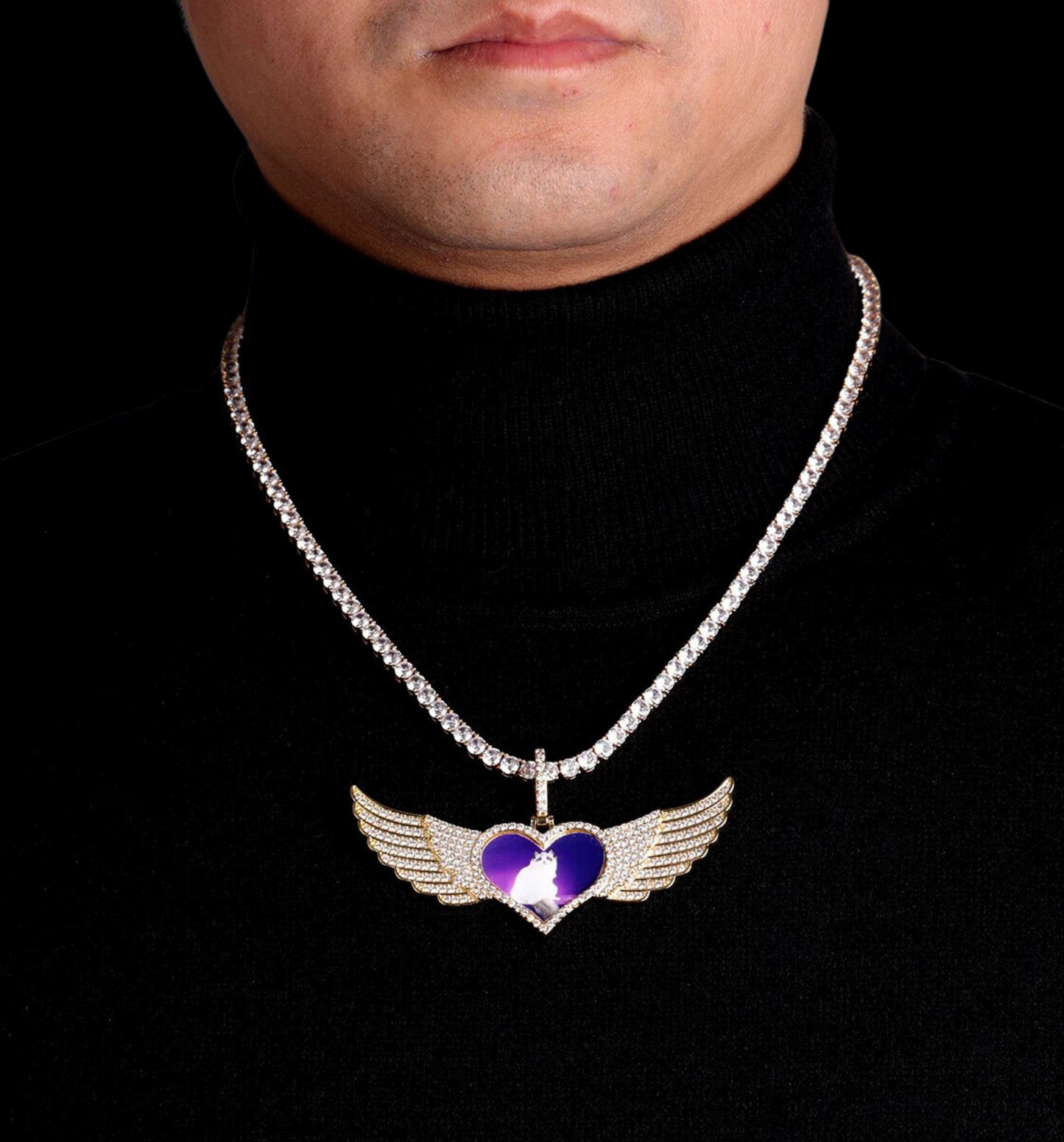 Long Wings Heart Custom Photo Pendant Necklace – Personalized Iced Out Picture Jewelry for Men and Women