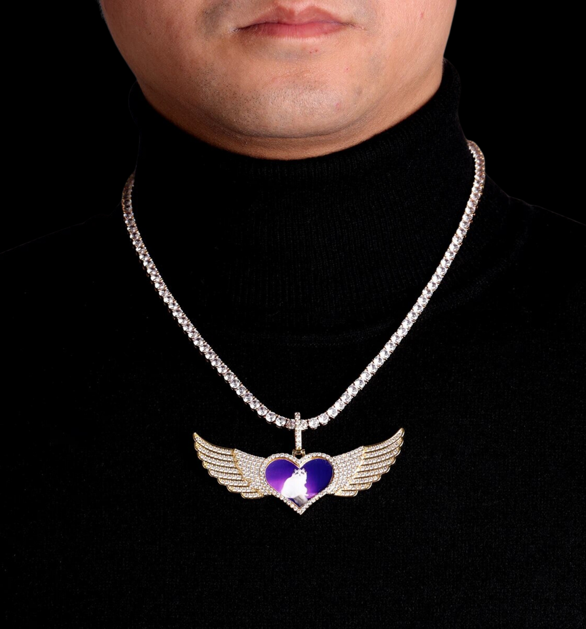 Long Wings Heart Custom Photo Picture Pendant Necklace 