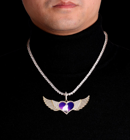 Long Wings Heart Custom Photo Pendant Necklace – Personalized Iced Out Picture Jewelry for Men and Women