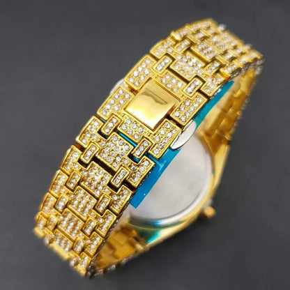 Luxury Octagonal Gold Watch for Men | Blue Numerals Full Iced Out Watch | Waterproof Calendar Hip Hop Wristwatch | Caratix - CaratixJewelry
