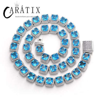 CARÁTIX Blue & Red CZ Tennis Chain | 10mm Iced Out Square Hip Hop Necklace for Men & Women