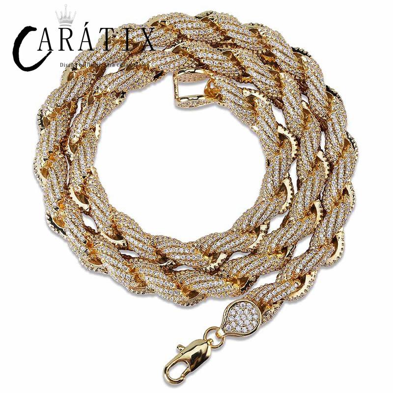 CARÁTIX Gold Twist Rope Chain Necklace – Micro Pave CZ Iced Out Hip Hop Bling Jewelry for Men | Round Link Rapper Gift