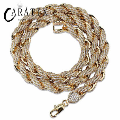 CARÁTIX Gold Twist Rope Chain Necklace – Micro Pave CZ Iced Out Hip Hop Bling Jewelry for Men | Round Link Rapper Gift