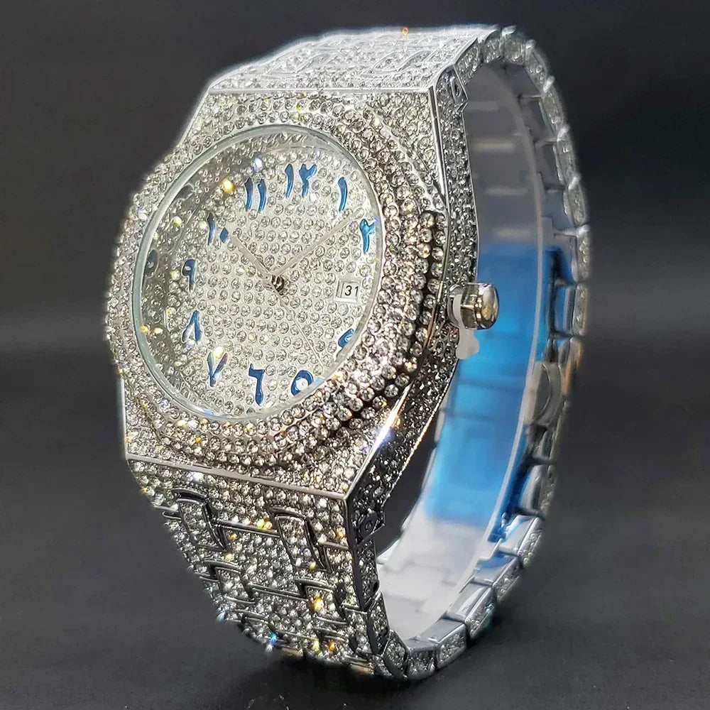 Luxury Octagonal Gold Watch for Men | Blue Numerals Full Iced Out Watch | Waterproof Calendar Hip Hop Wristwatch | Caratix - CaratixJewelry