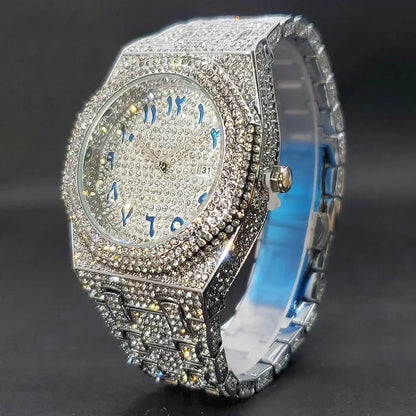Luxury Octagonal Gold Watch for Men | Blue Numerals Full Iced Out Watch | Waterproof Calendar Hip Hop Wristwatch | Caratix - CaratixJewelry