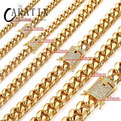 CARÁTIX Cuban Miami Chain | 6–18mm Stainless Steel CZ Hip Hop Necklace for Men