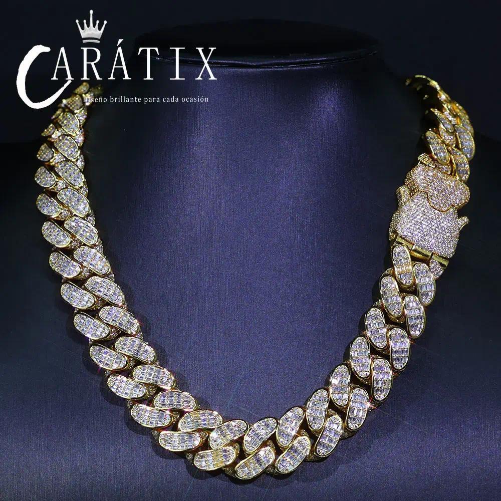 CARÁTIX 18mm Cuban Link Chain Necklace – Micro Pave Rectangular CZ Iced Out Hip Hop Jewelry for Men | Spring Buckle Design