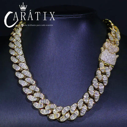 CARÁTIX 18mm Cuban Link Chain Necklace – Micro Pave Rectangular CZ Iced Out Hip Hop Jewelry for Men | Spring Buckle Design