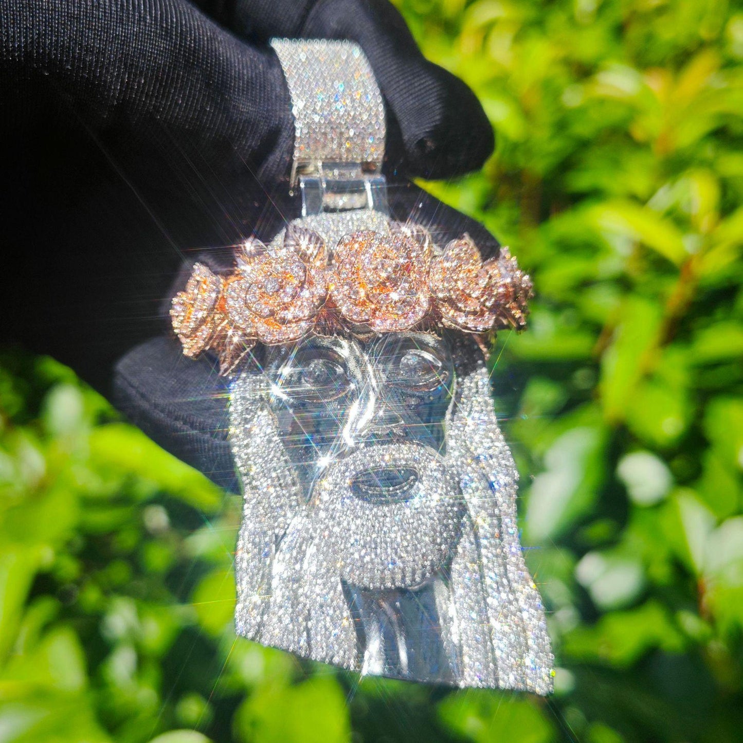 Hip Hop Jesus Rose Pendant Necklace | Iced Out Zircon Street Style Jewelry for Men