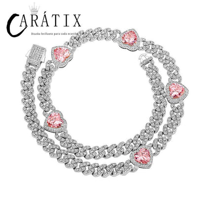CARÁTIX Heart Cuban Link Chain Necklace – Claw Setting Zircon Iced Out Hip Hop Bling Jewelry for Men | Rapper Gift