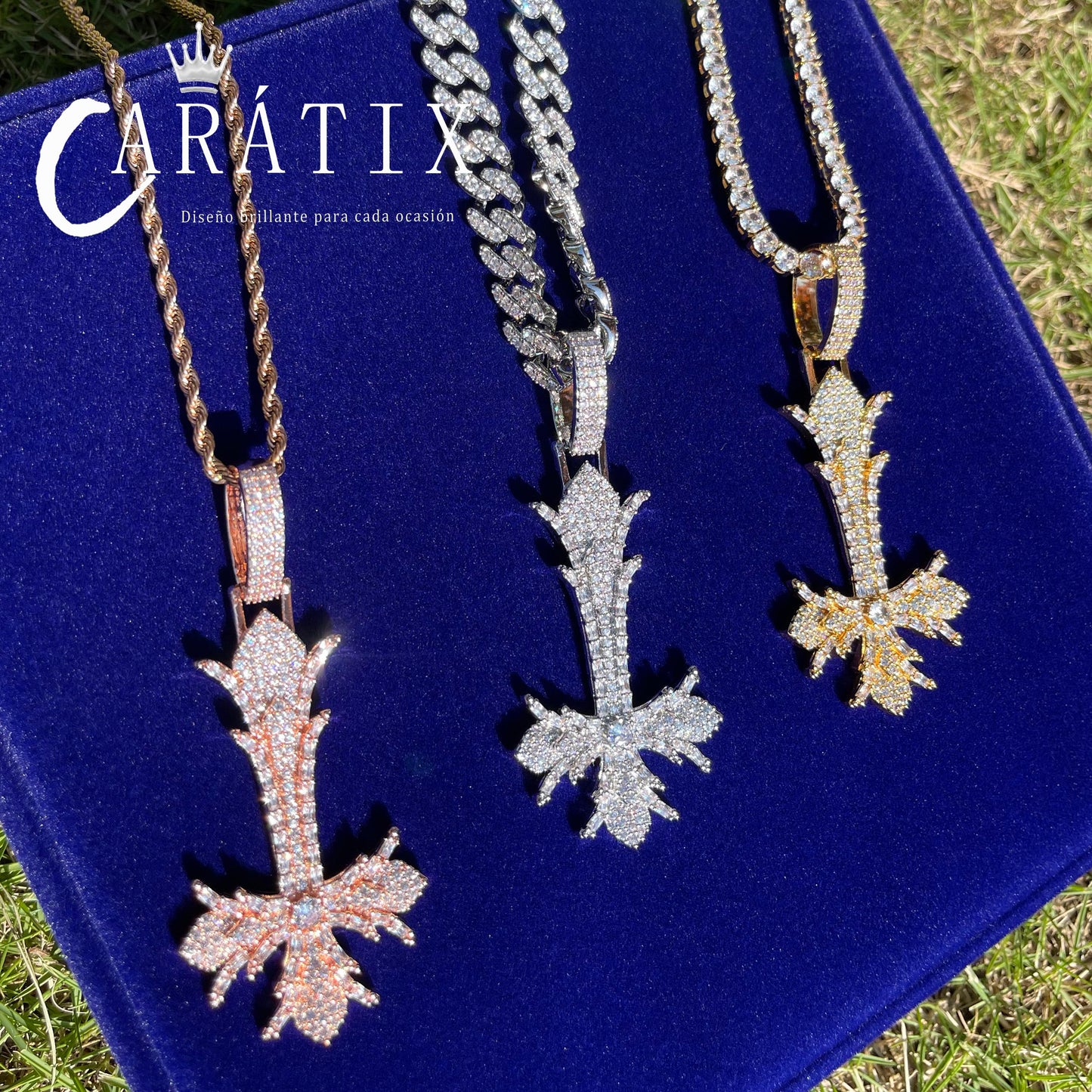 CARÁTIX Bubble Letter Upside Down Cross Pendant Necklace – Copper Hip Hop CZ Iced Out Jewelry for Men & Women