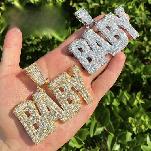 Iced Out "BABY" Letter Pendant | Unisex Real Copper CZ Necklace - CaratixJewelry